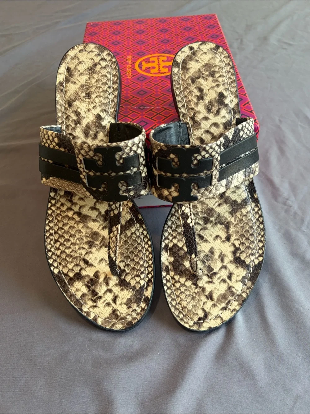 Tory Burch Black and White Snake-Print Thong Sandals 11